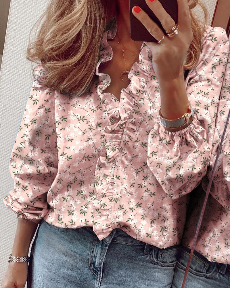 Courtney – Floral Ruffled V-Neck Blouse