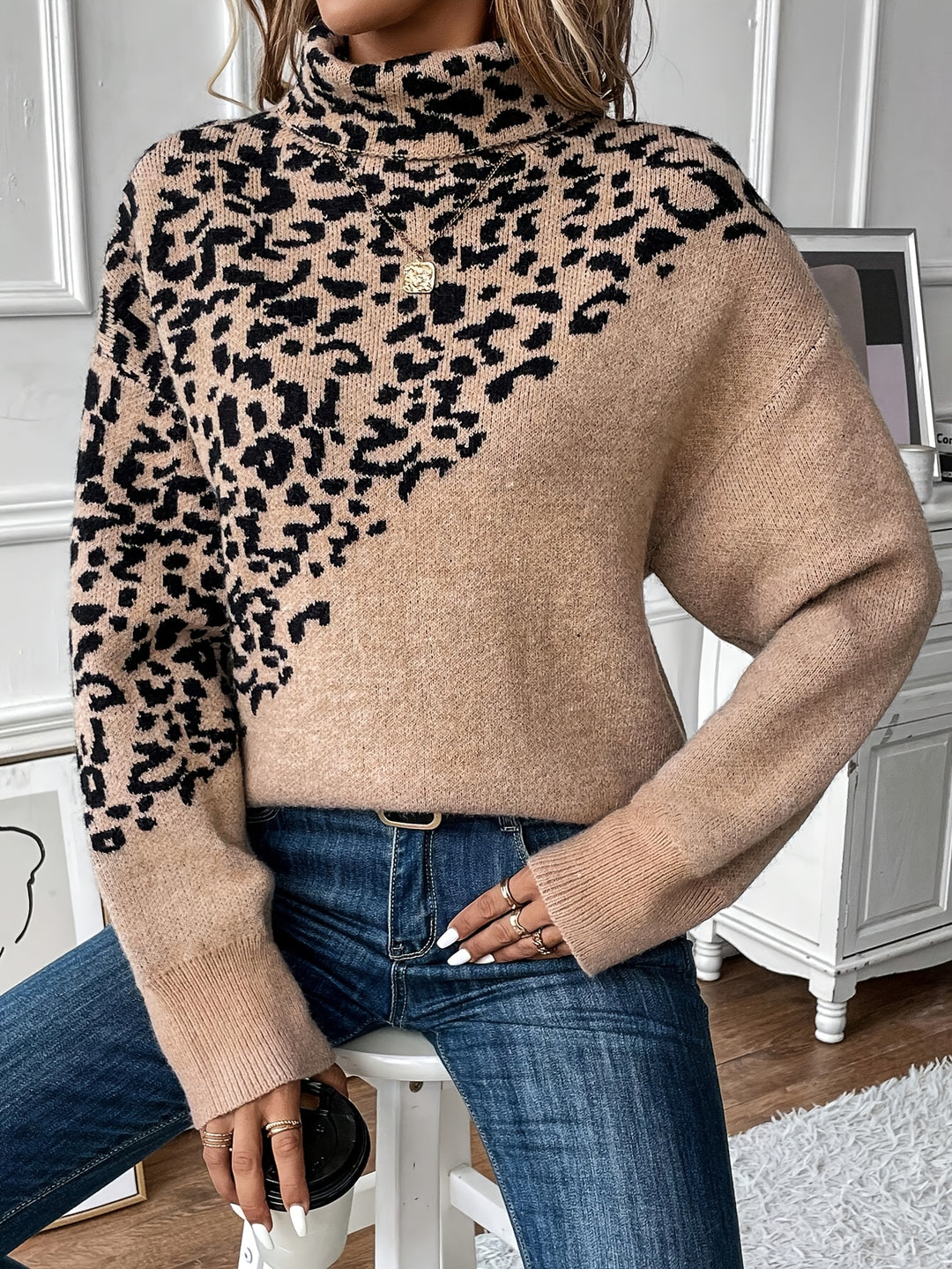 Lena - Leopard Print Turtleneck Sweater