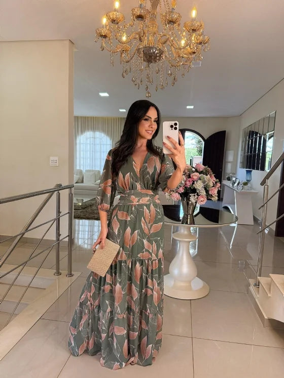 Dajana – Maxi Dress with Leaf Print and Wrap Look