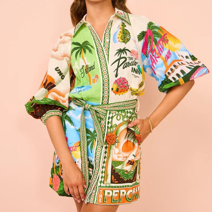 Zinnia – Illustrated Belted Shirt Dress
