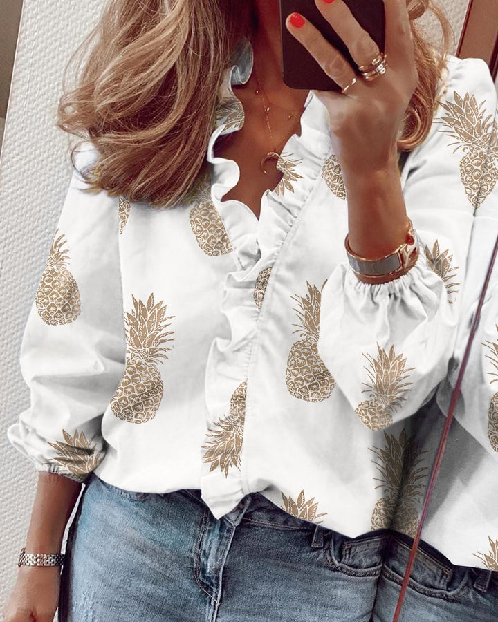 Chelsea – Printed Ruffled V-Neck Blouse