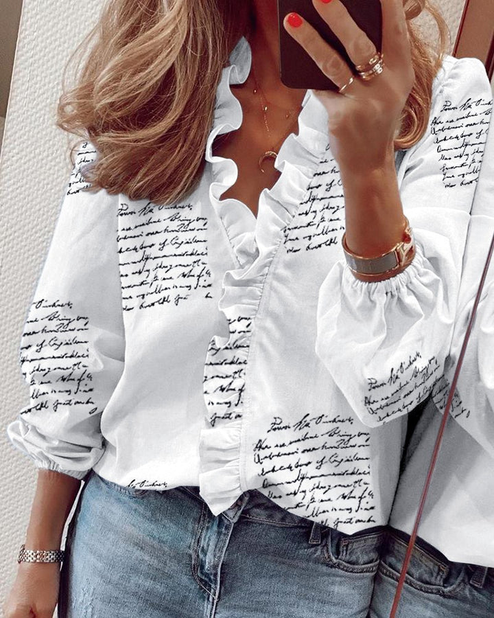 Chelsea – Printed Ruffled V-Neck Blouse