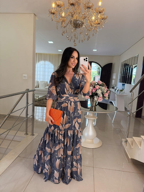 Dajana – Maxi Dress with Leaf Print and Wrap Look