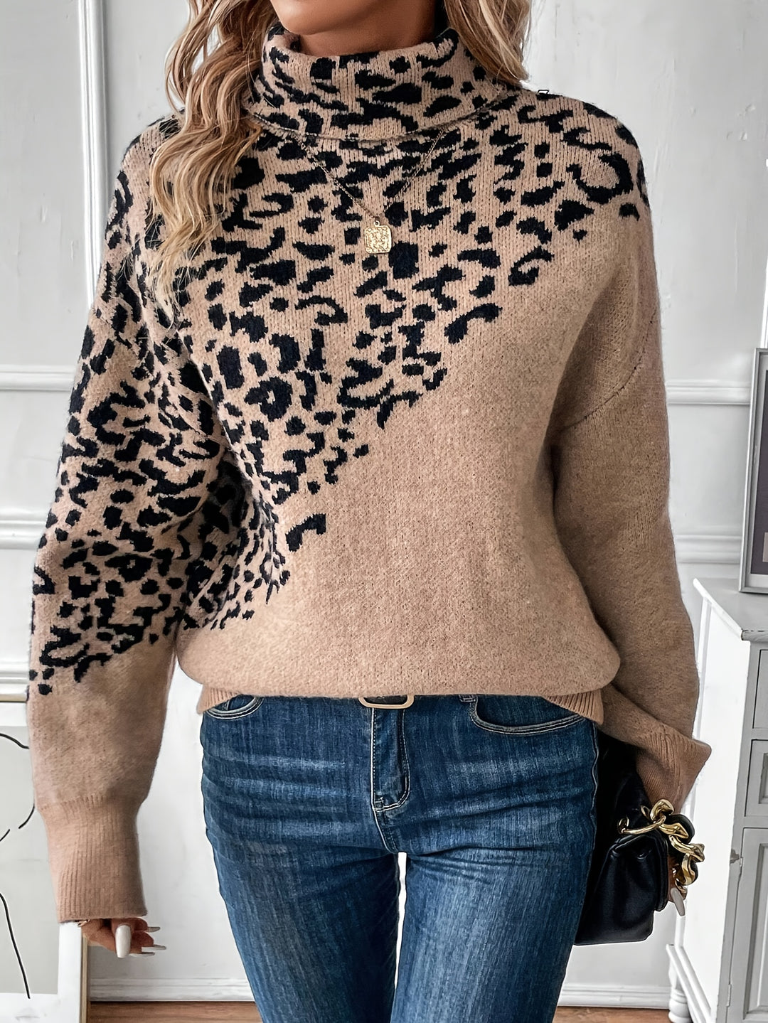 Lena - Leopard Print Turtleneck Sweater